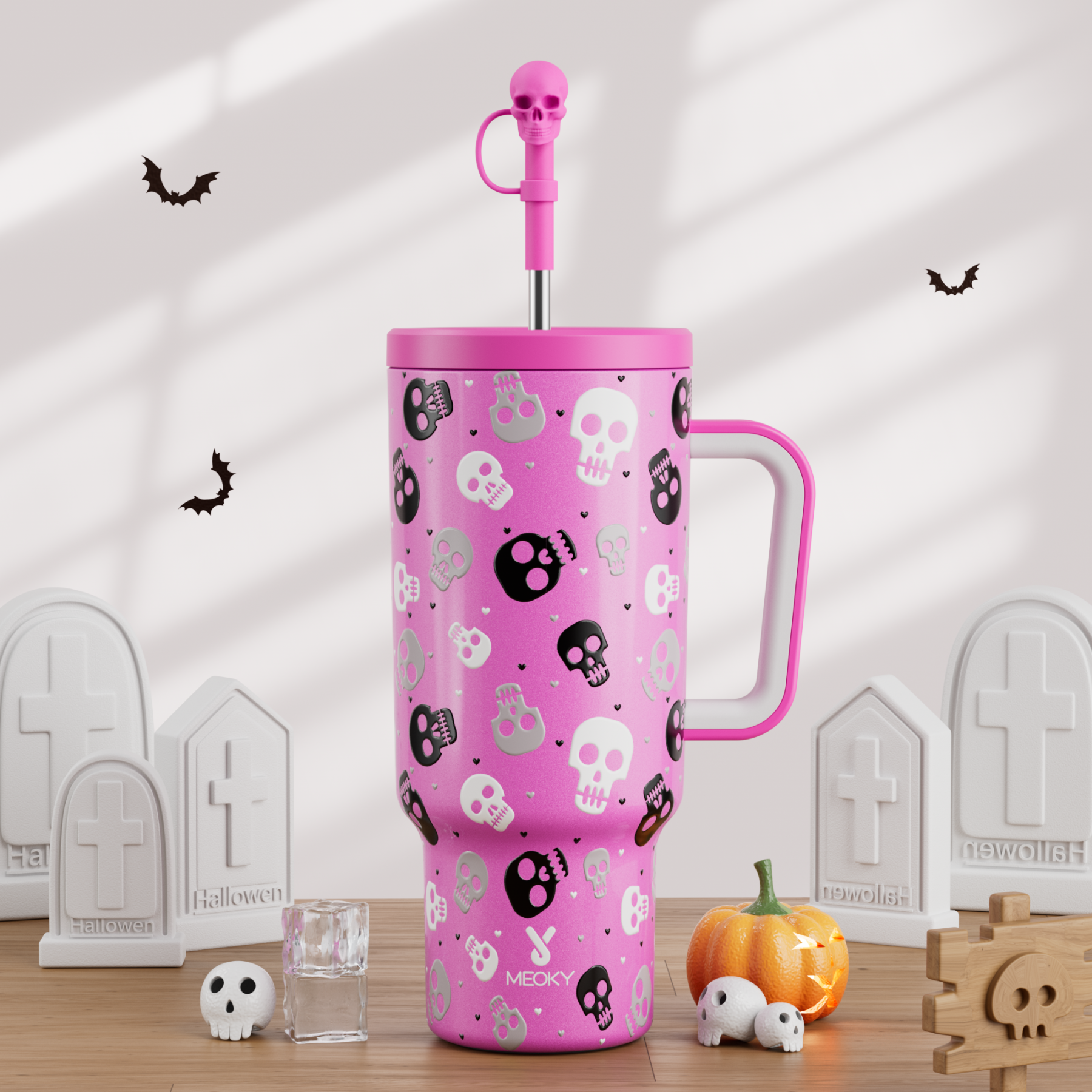 40oz Tumbler With Straw Halloween Special Edition-Pink Skull