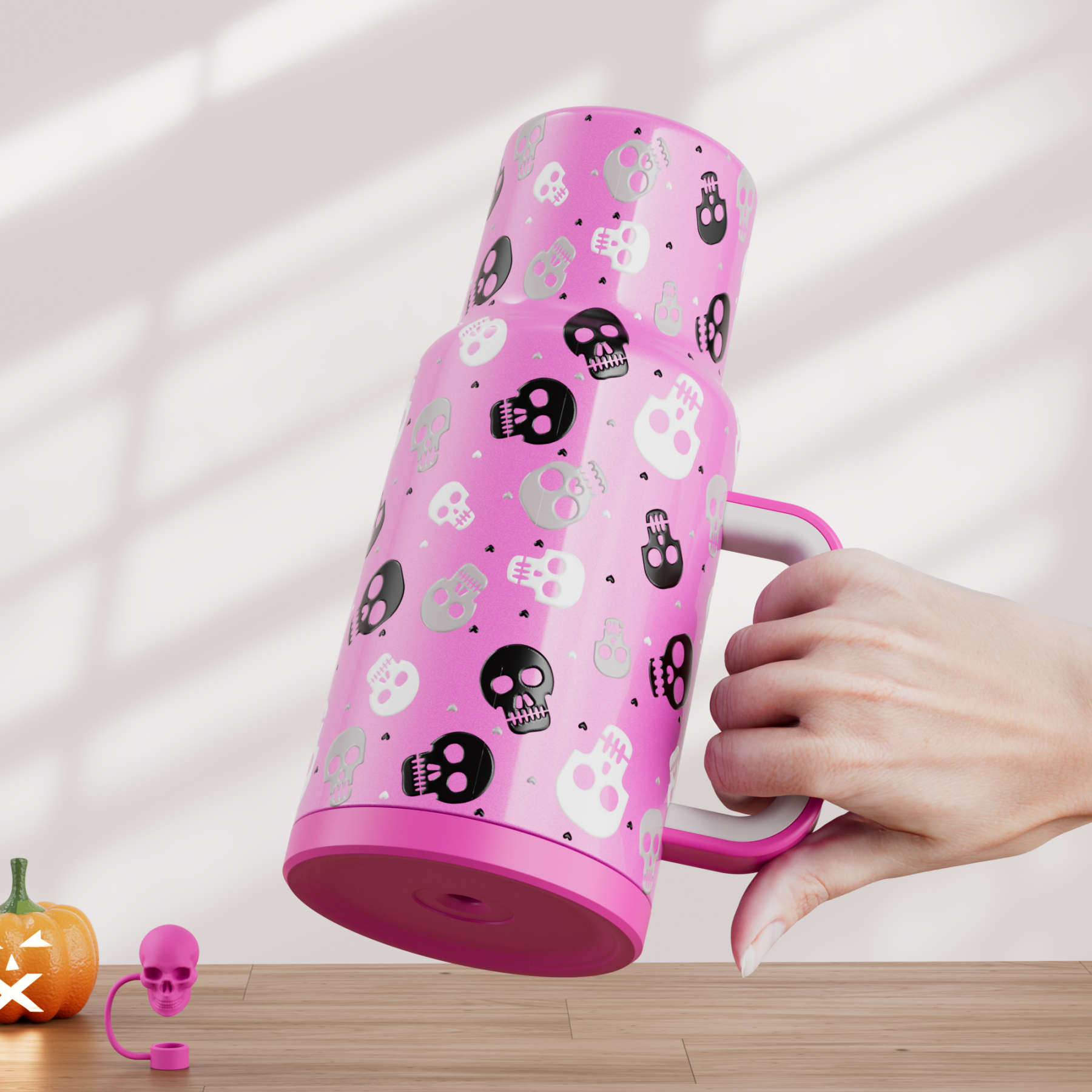 40oz Tumbler With Straw Halloween Special Edition-Pink Skull