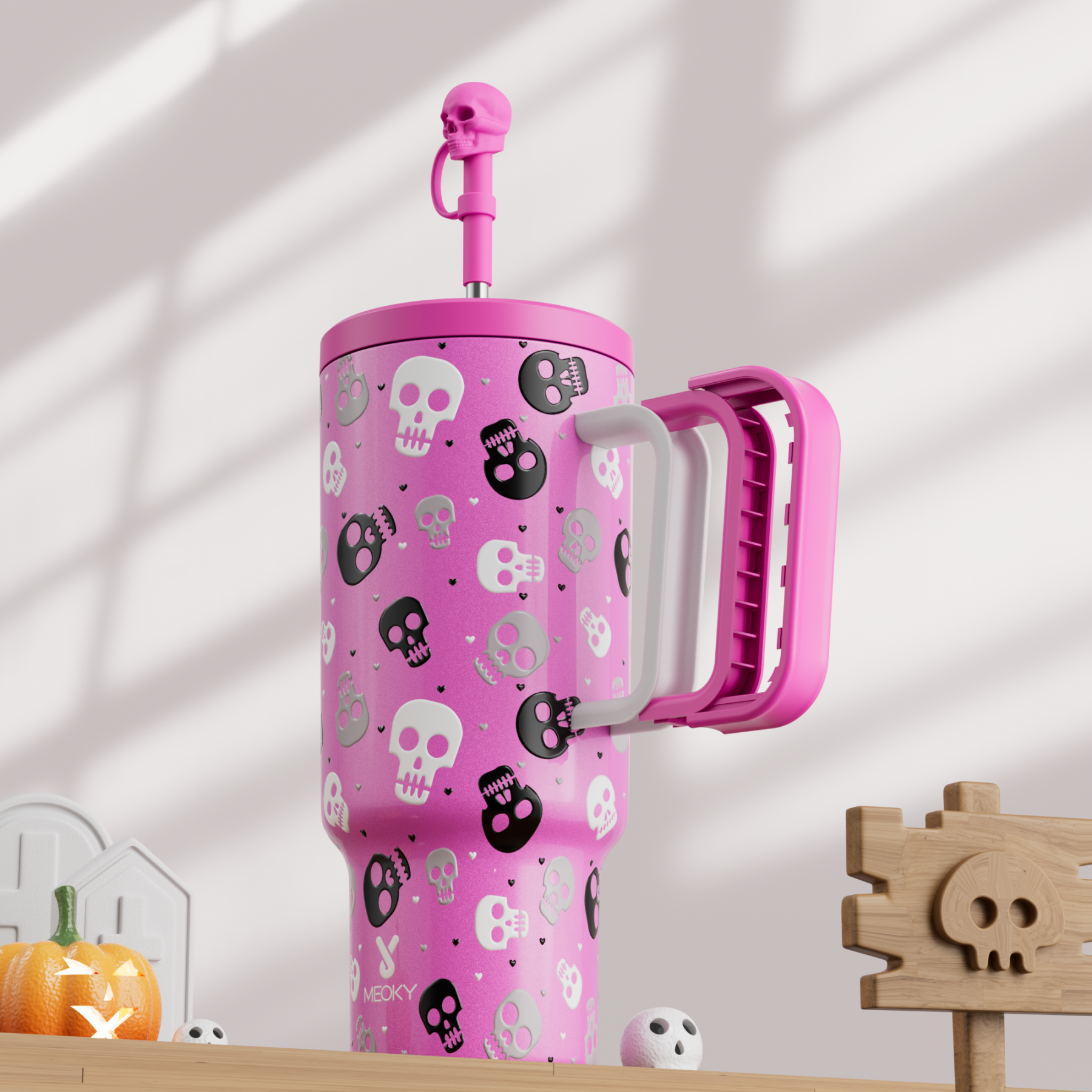 40oz Tumbler With Straw Halloween Special Edition-Pink Skull