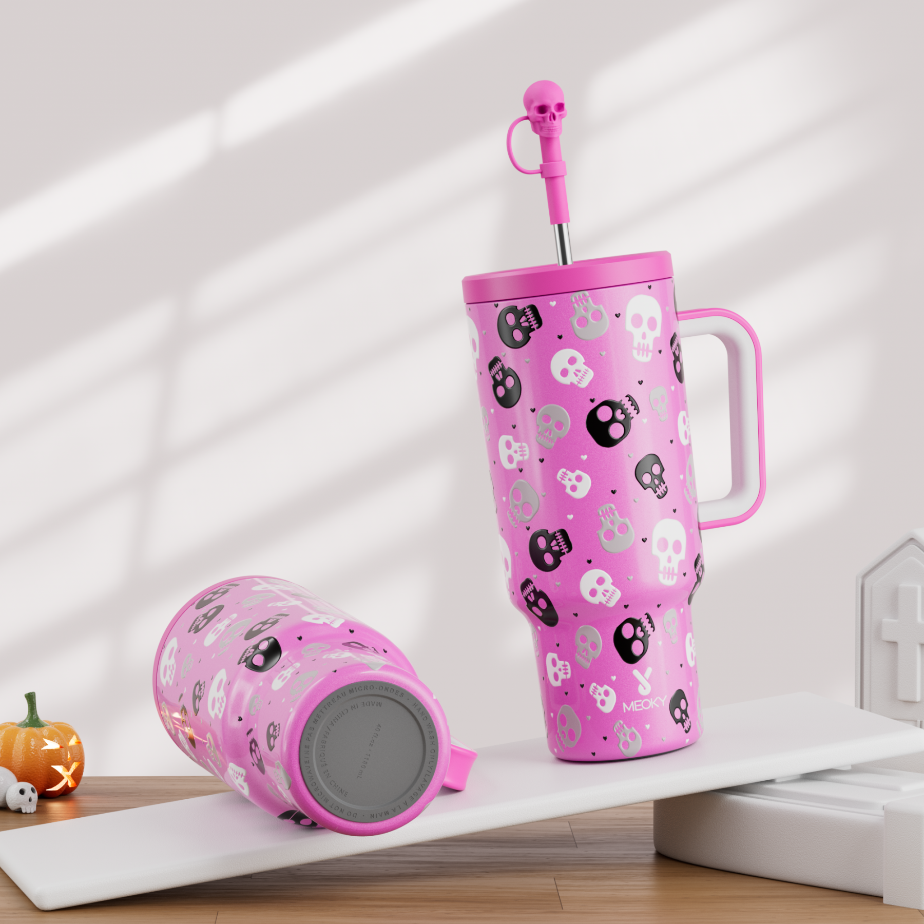 40oz Tumbler With Straw Halloween Special Edition-Pink Skull