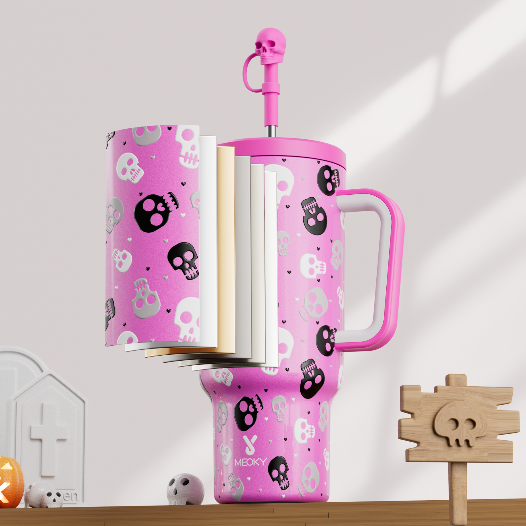 40oz Tumbler With Straw Halloween Special Edition-Pink Skull