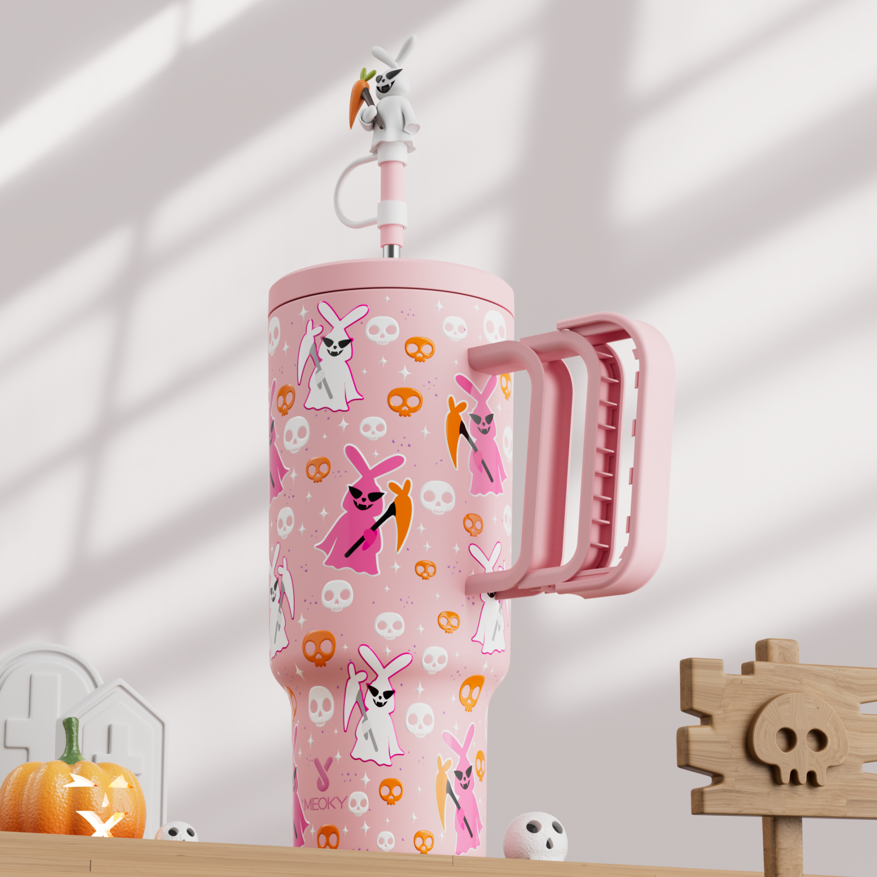 40oz Tumbler With Straw Halloween Special Edition-Halloween Pink Bunny