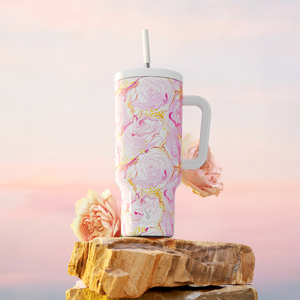 40oz Tumbler With Straw Rose Collection-White Pink Roses