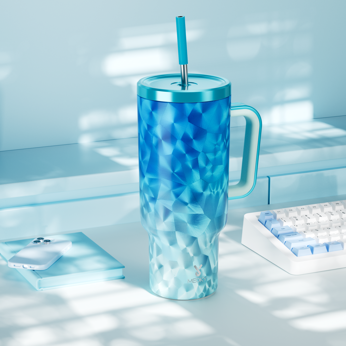 40oz Tumbler With Straw Feather Pattern-Blue Feathers
