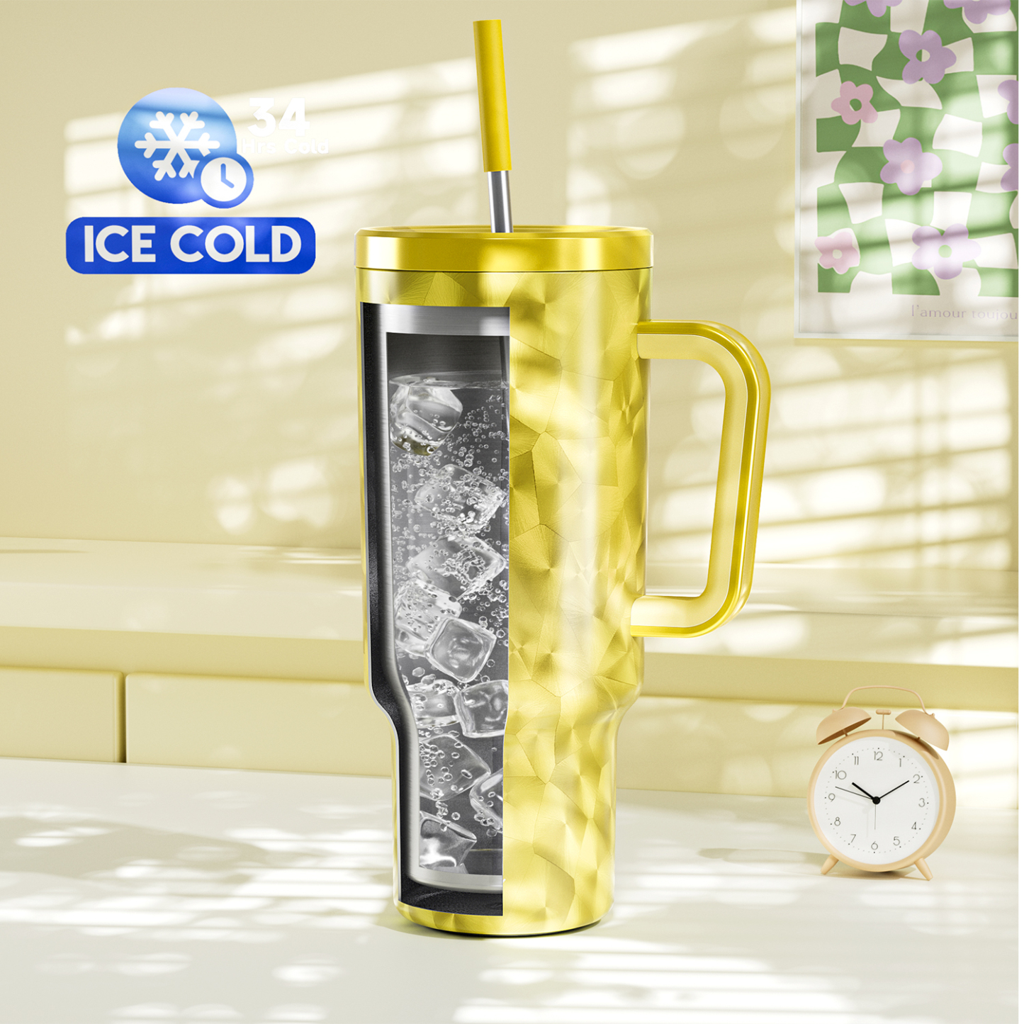 40oz Tumbler With Straw Feather Pattern-Gold Feathers