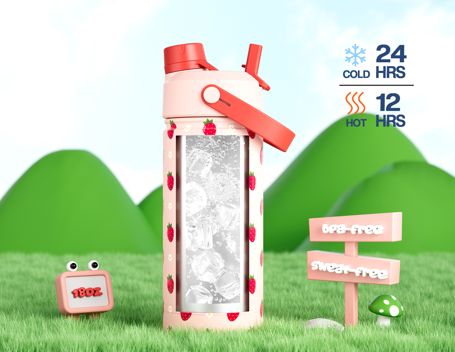 18 oz Insulated Water Bottle with 2-in-1 Straw and Spout Lid Strawberry Daisy