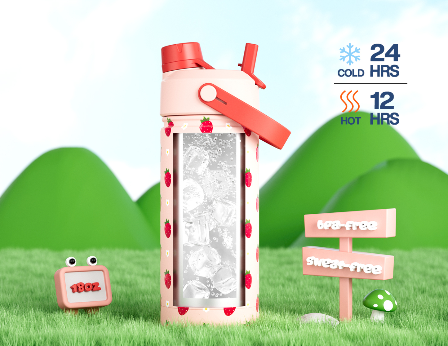18 oz Insulated Water Bottle with 2-in-1 Straw and Spout Lid Strawberry Daisy
