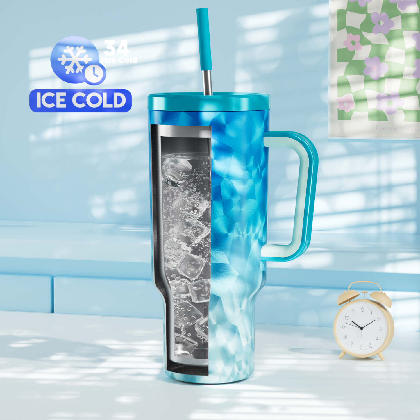 40oz Tumbler With Straw Feather Pattern-Blue Feathers