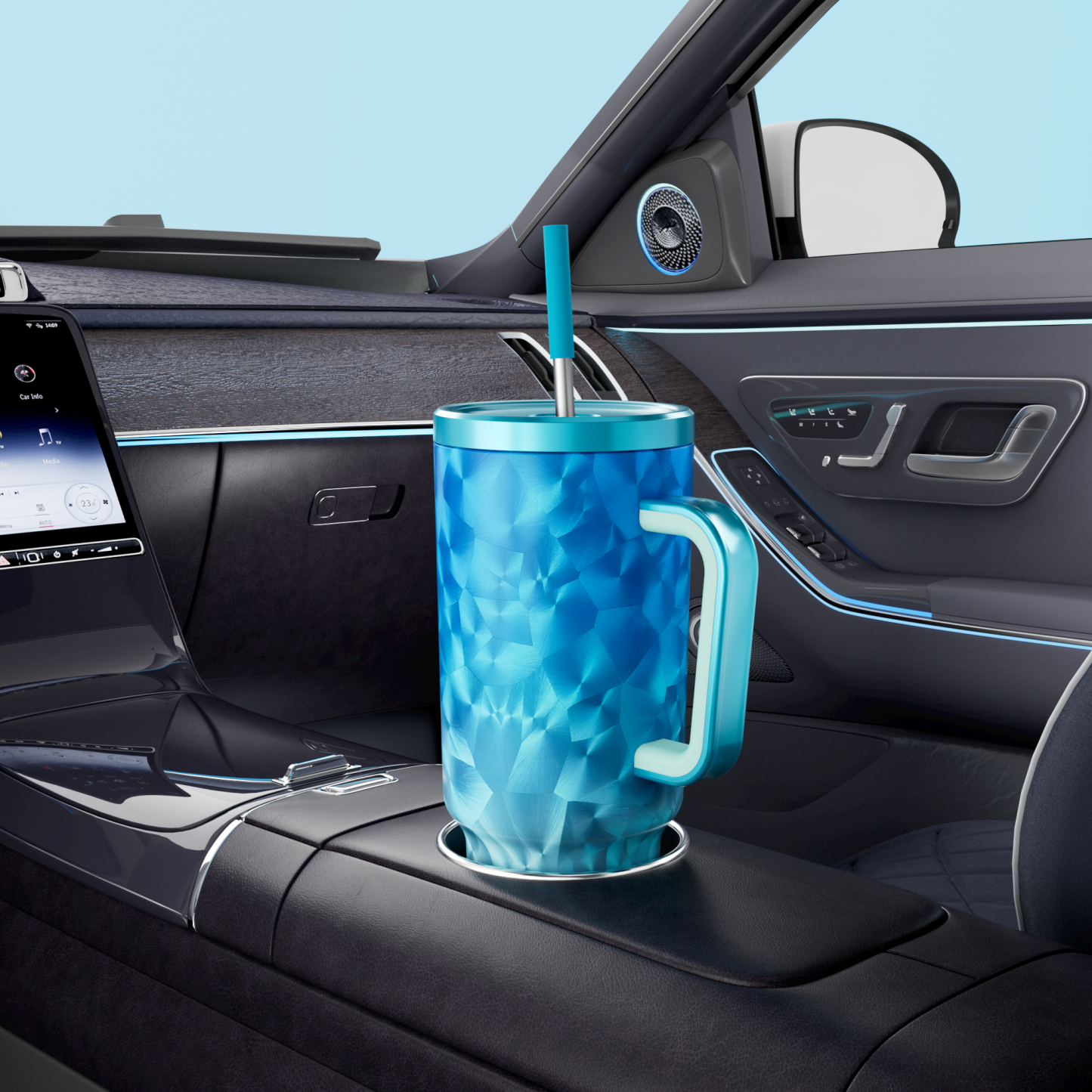 40oz Tumbler With Straw Feather Pattern-Blue Feathers
