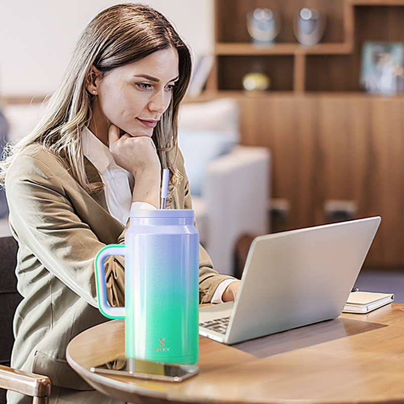 64oz water bottle straw gradient green purple