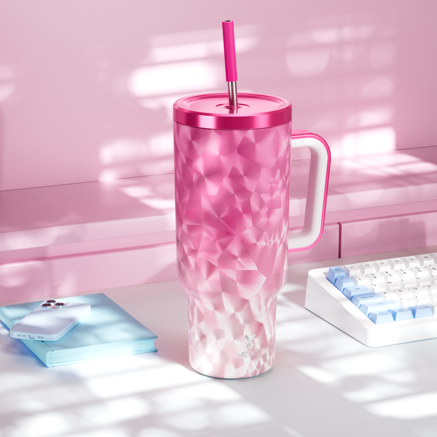 40oz Tumbler With Straw Feather Pattern-Pink Feathers