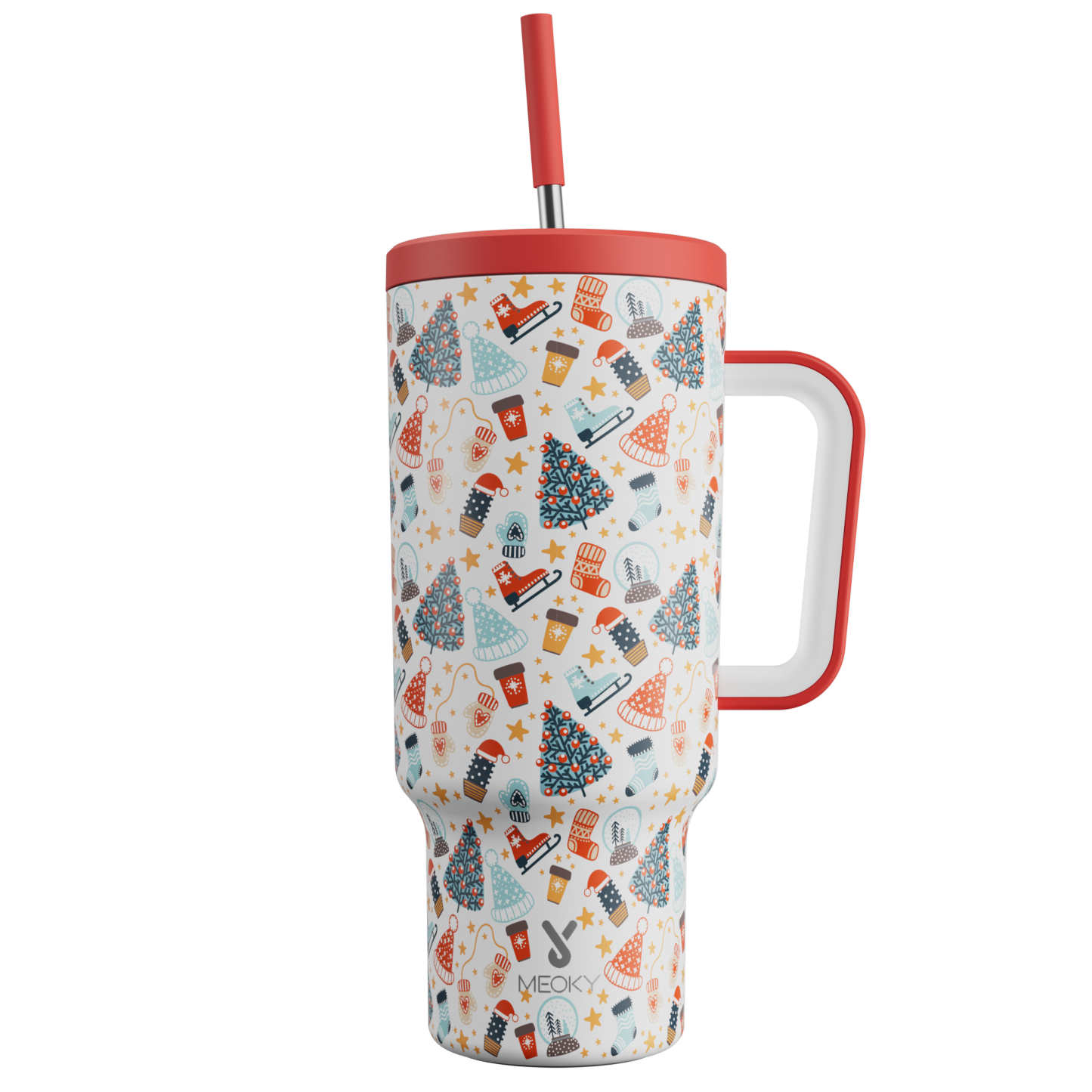 MEOKY 40oz Christmas Tumbler with Handle & Straw – Stainless Steel Insulated Travel Cup, Leak-Proof Lid, Festive Holiday Print