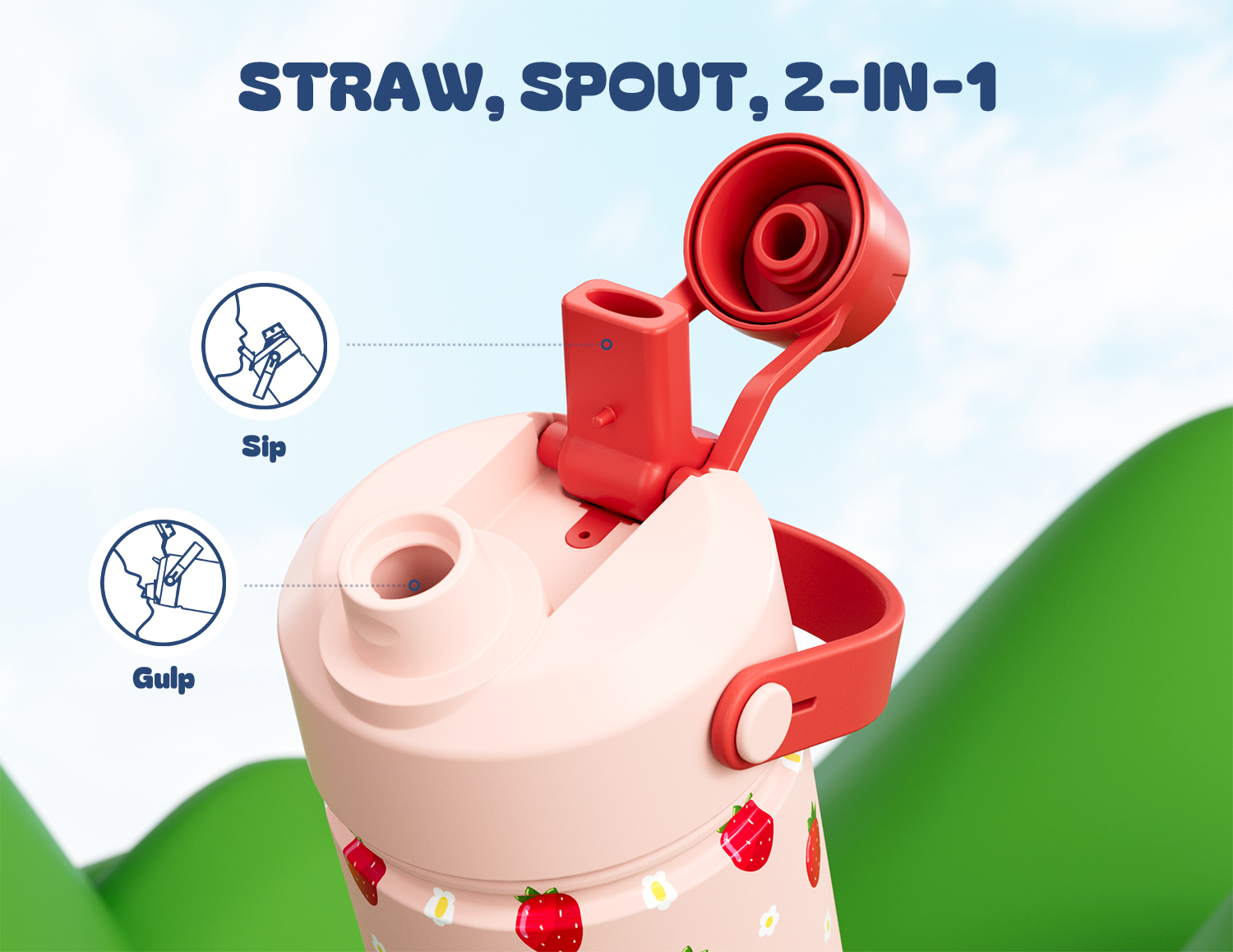 18 oz Insulated Water Bottle with 2-in-1 Straw and Spout Lid Strawberry Daisy