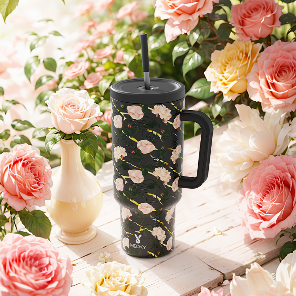 40oz Tumbler With Straw Rose Collection-White Roses