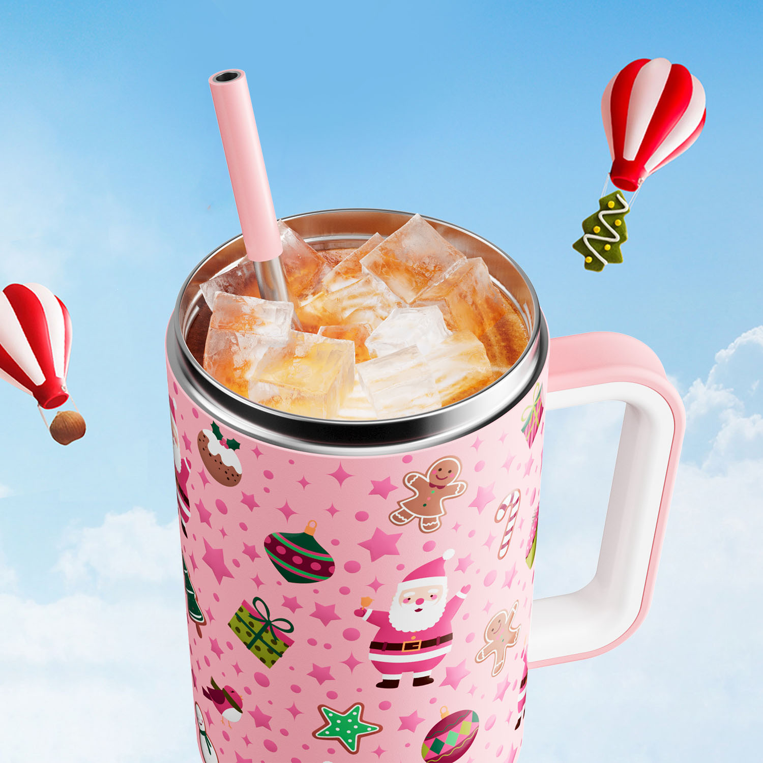 40oz Tumbler With Straw Christmas Collection-Pink Christmas