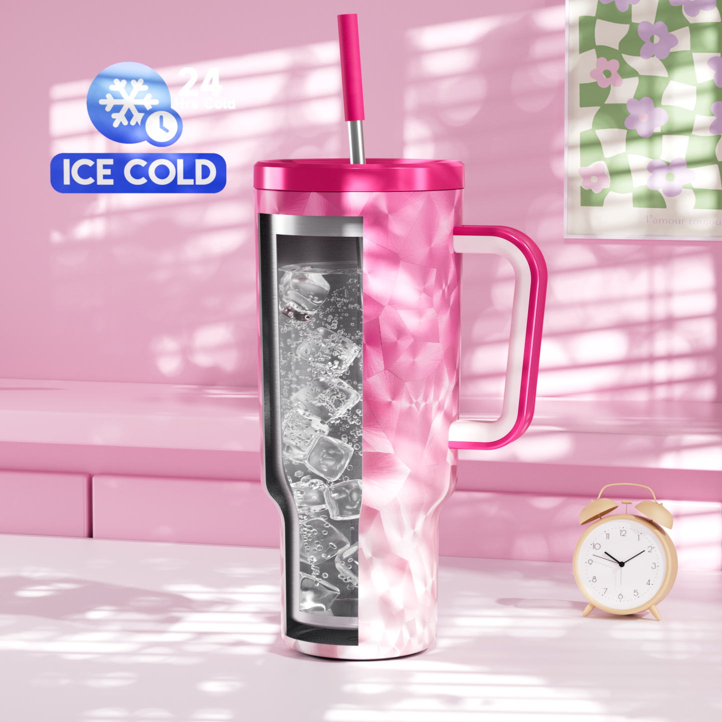 40oz Tumbler With Straw Feather Pattern-Pink Feathers