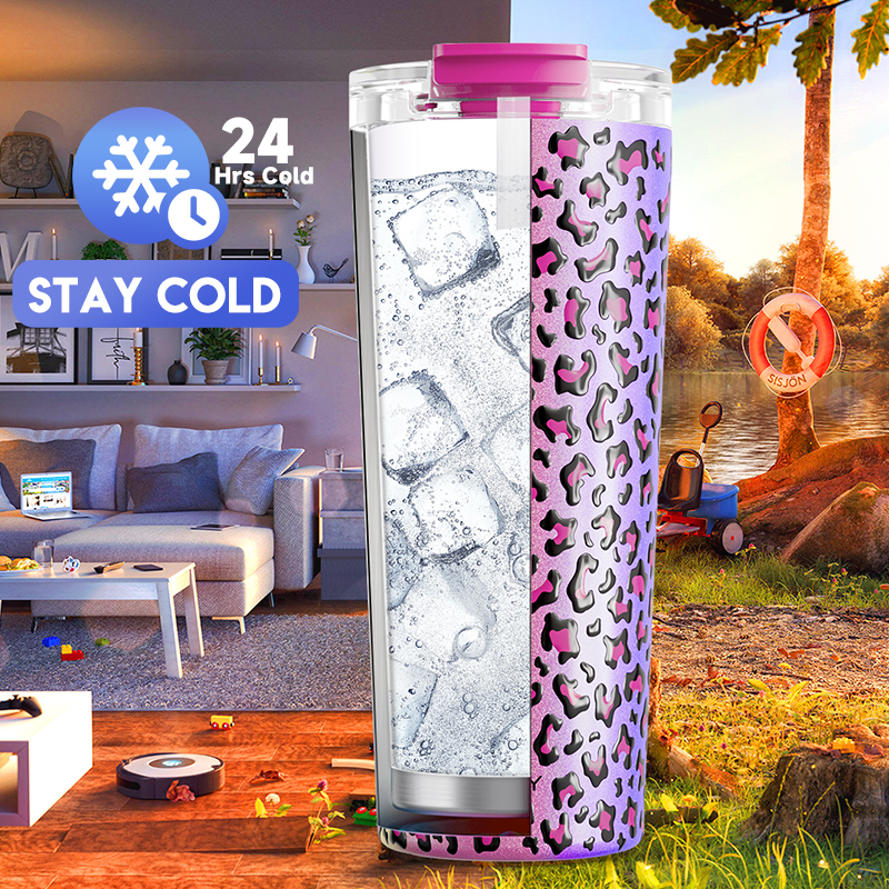 24oz cold cup 2 in 1 lid animal print rainbow leopard