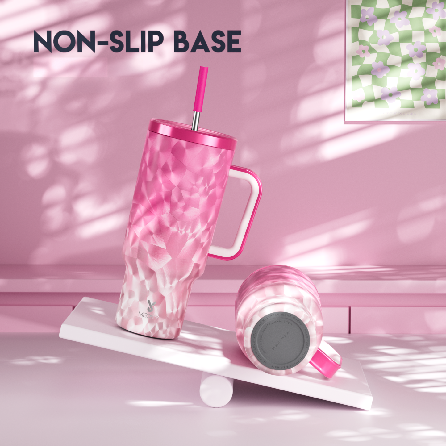 40oz Tumbler With Straw Feather Pattern-Pink Feathers