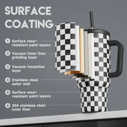 Meoky 40oz (1L) Black White Checkered Printed Stainless Steel Vacuum Flask