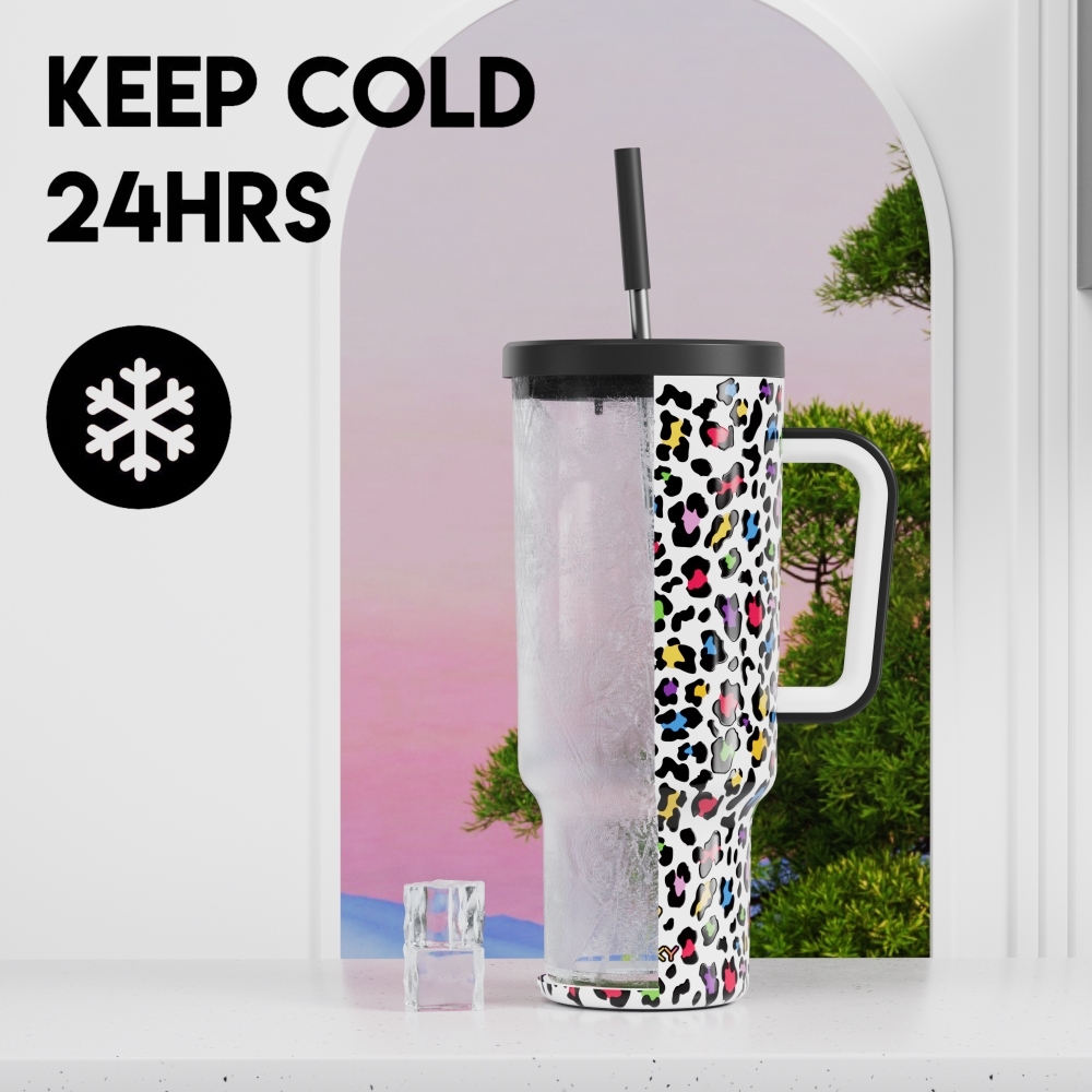40oz Tumbler With Straw Animal Print Collection-White Color Leopard