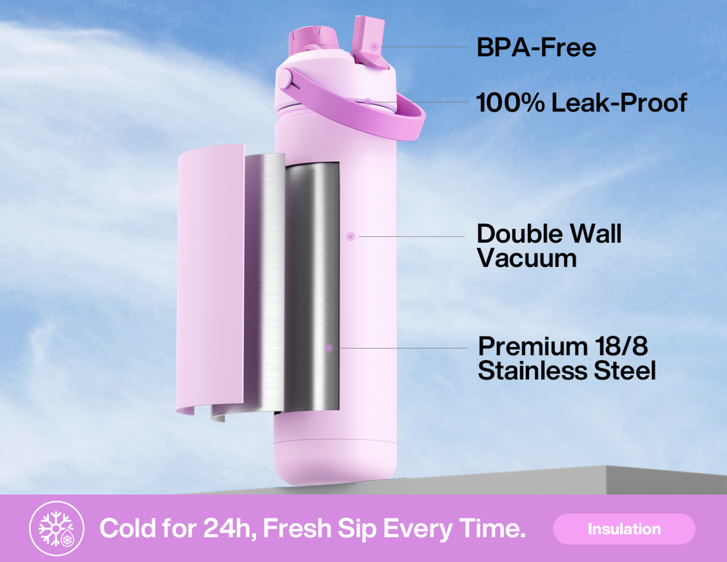 26oz Insulated Water Bottle with 2-in-1 Straw and Spout Lid Pure Collection, Keep Cold 24H, Leak-Proof