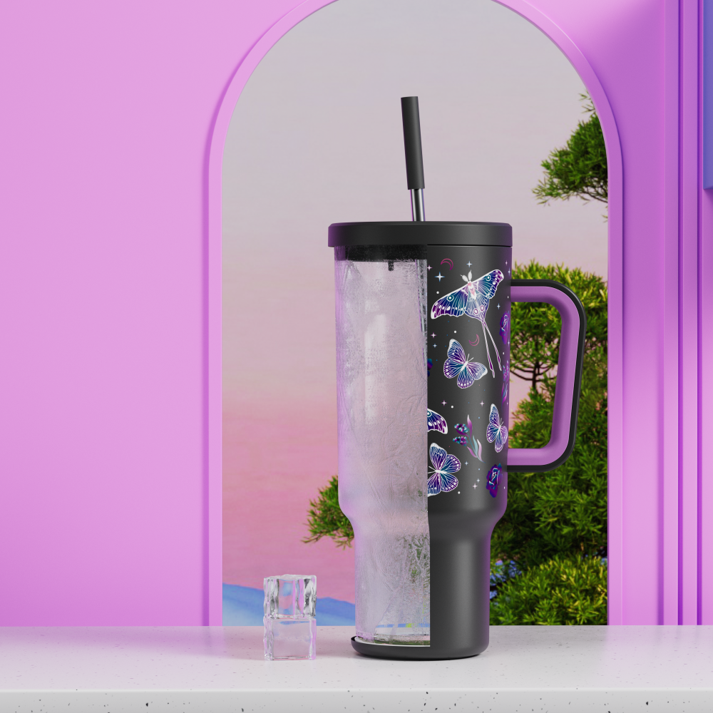 40oz Tumbler With Straw Halloween Special Edition-Black Butterfly - Luminous