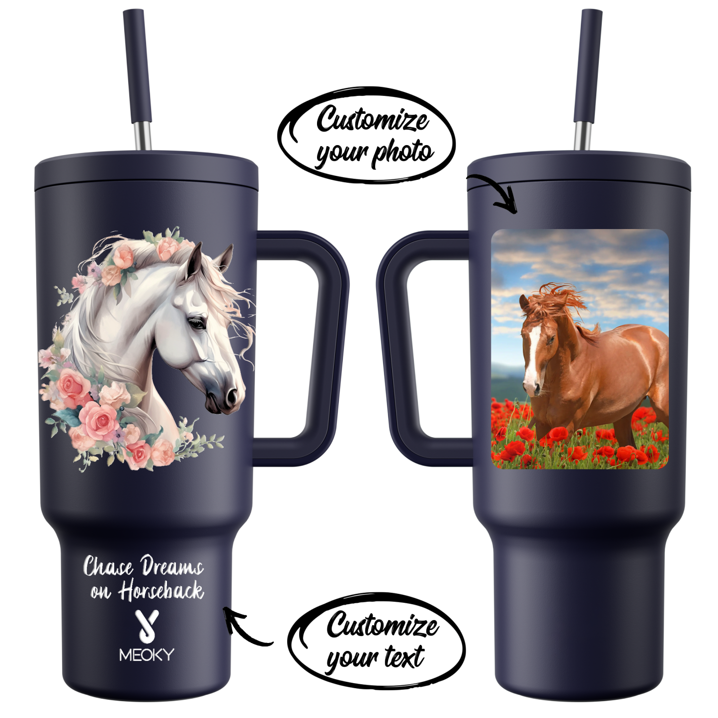 Horse and Flower- Customized 40oz Tumbler With Straw