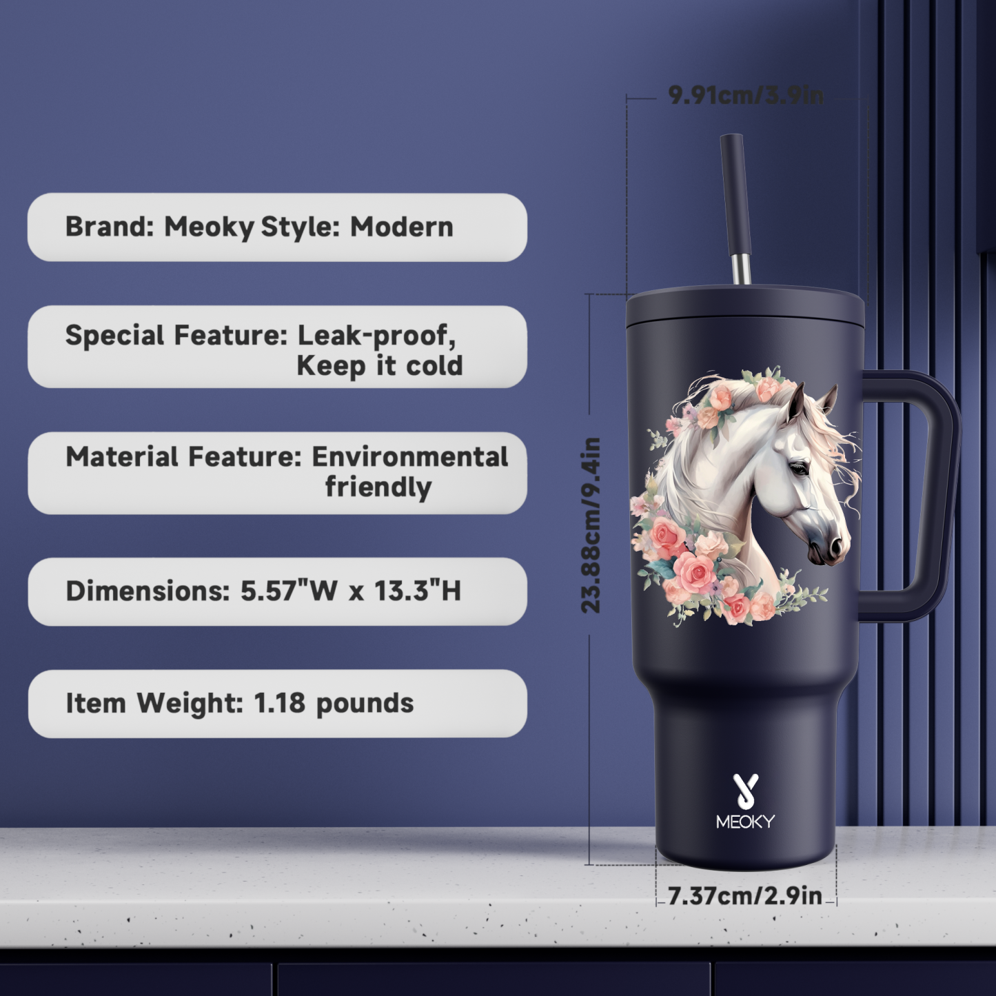 Horse and Flower- Customized 40oz Tumbler With Straw