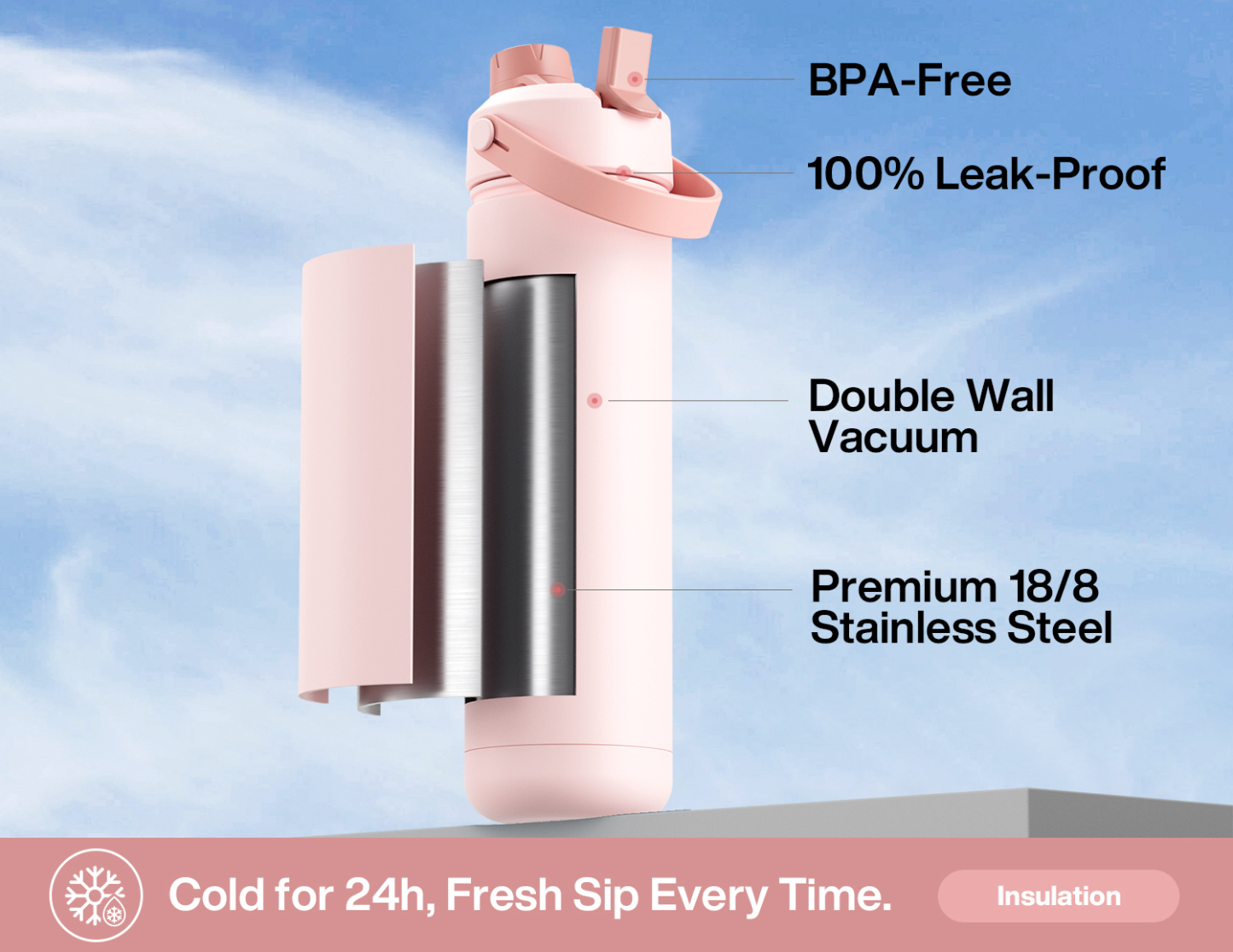 26oz Insulated Water Bottle with 2-in-1 Straw and Spout Lid Pure Collection, Keep Cold 24H, Leak-Proof