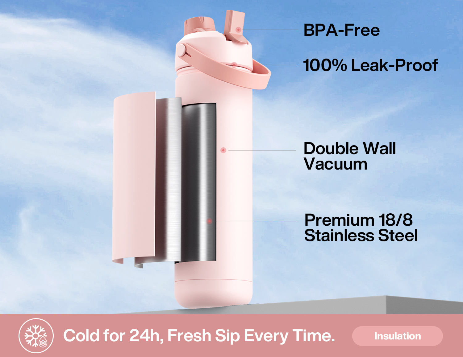 26oz Insulated Water Bottle with 2-in-1 Straw and Spout Lid Pure Collection, Keep Cold 24H, Leak-Proof