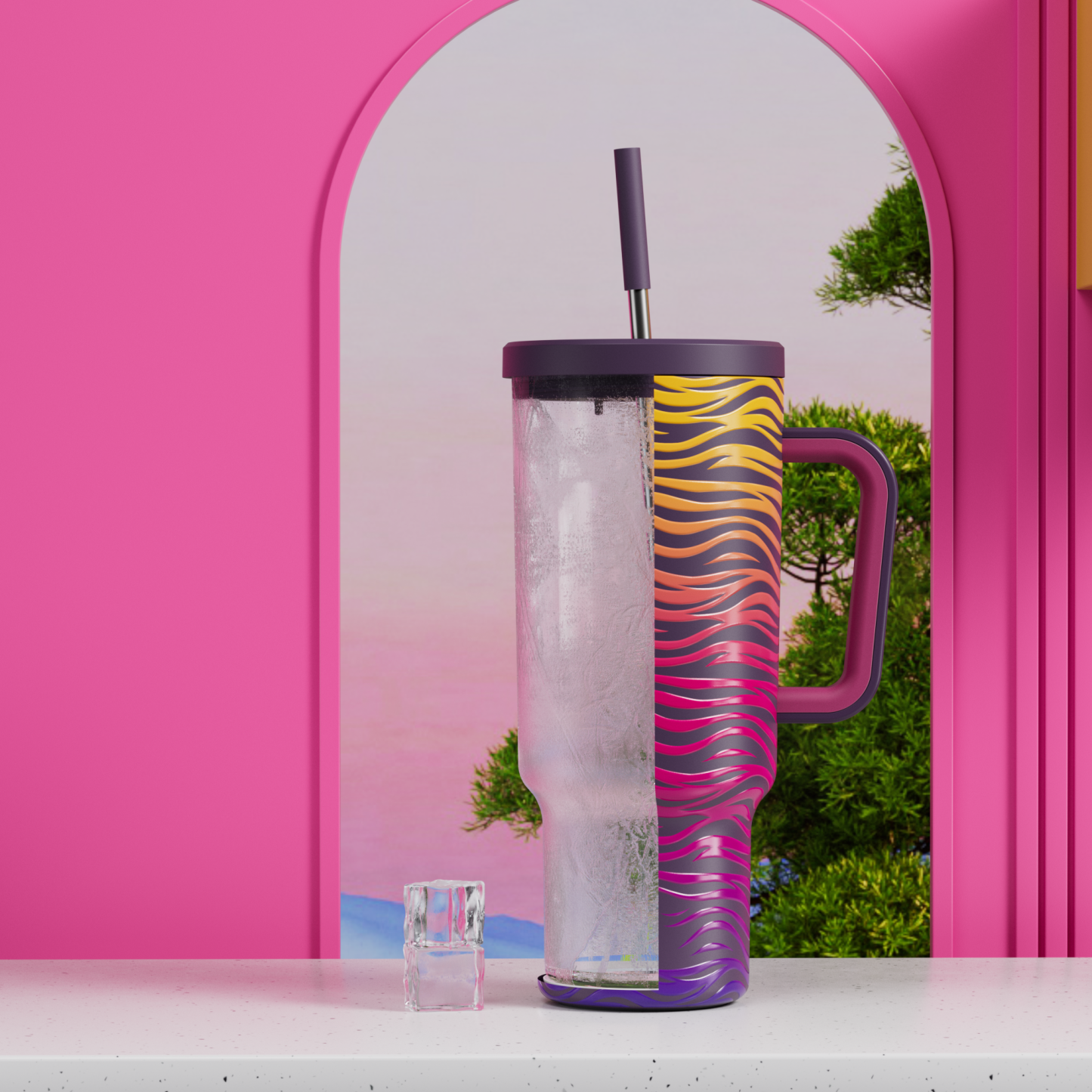 40oz Tumbler With Straw Animal Print Collection-Purple Gradient Zebra