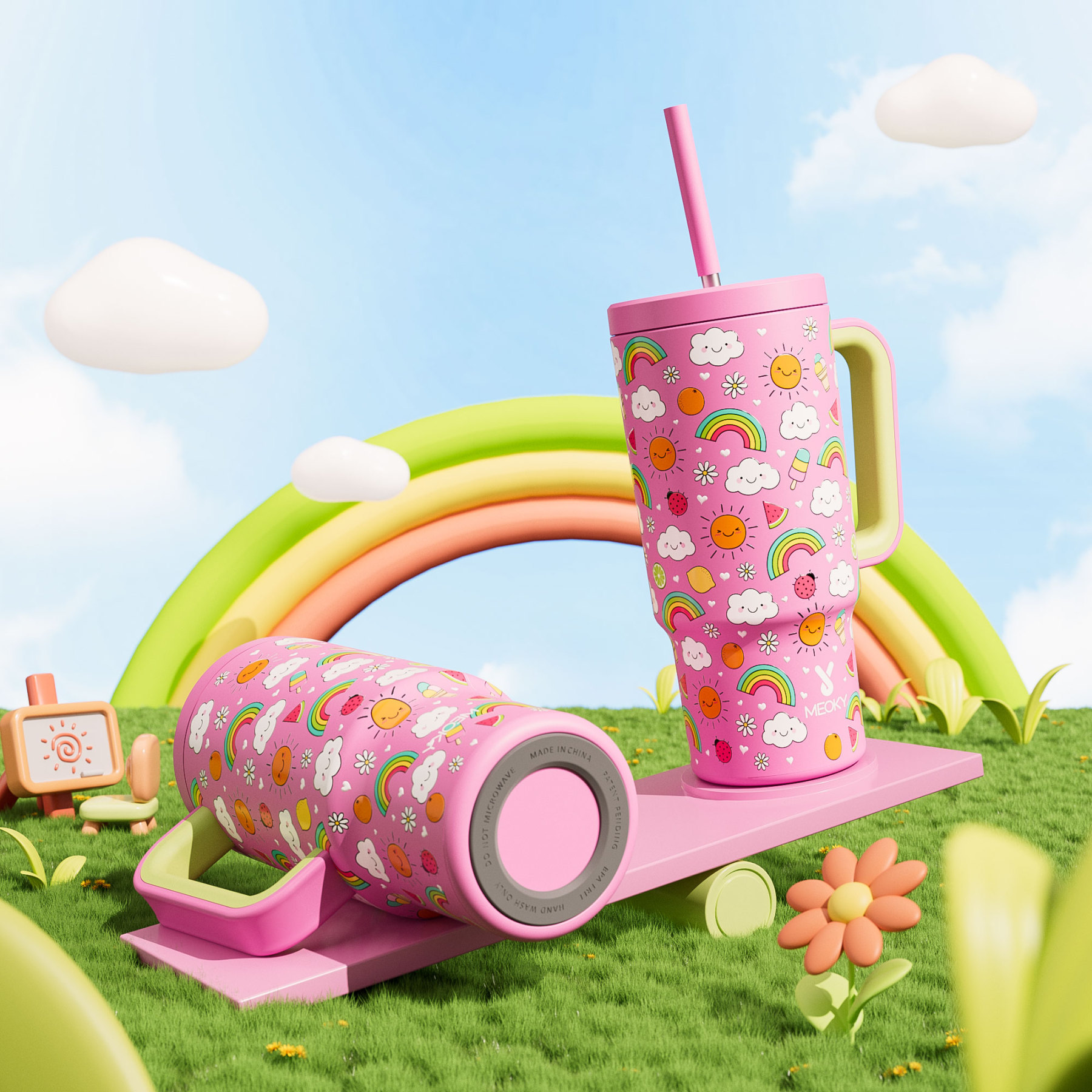 24oz tumbler straw fantasy pink white clouds