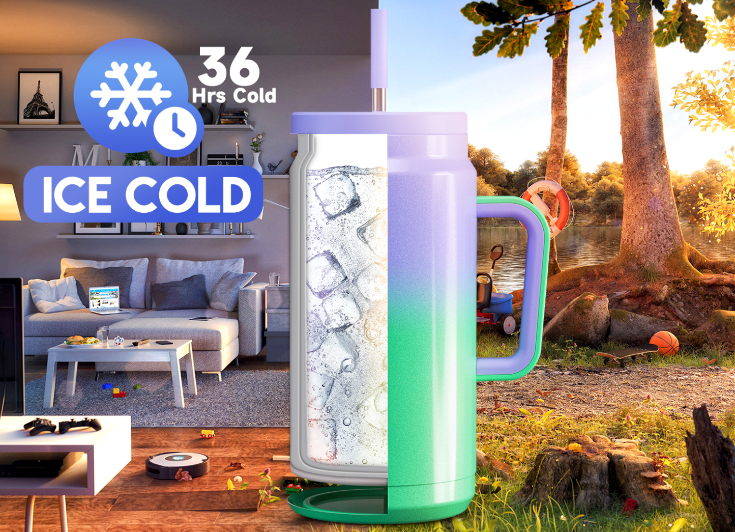 50oz water bottle straw gradient green purple