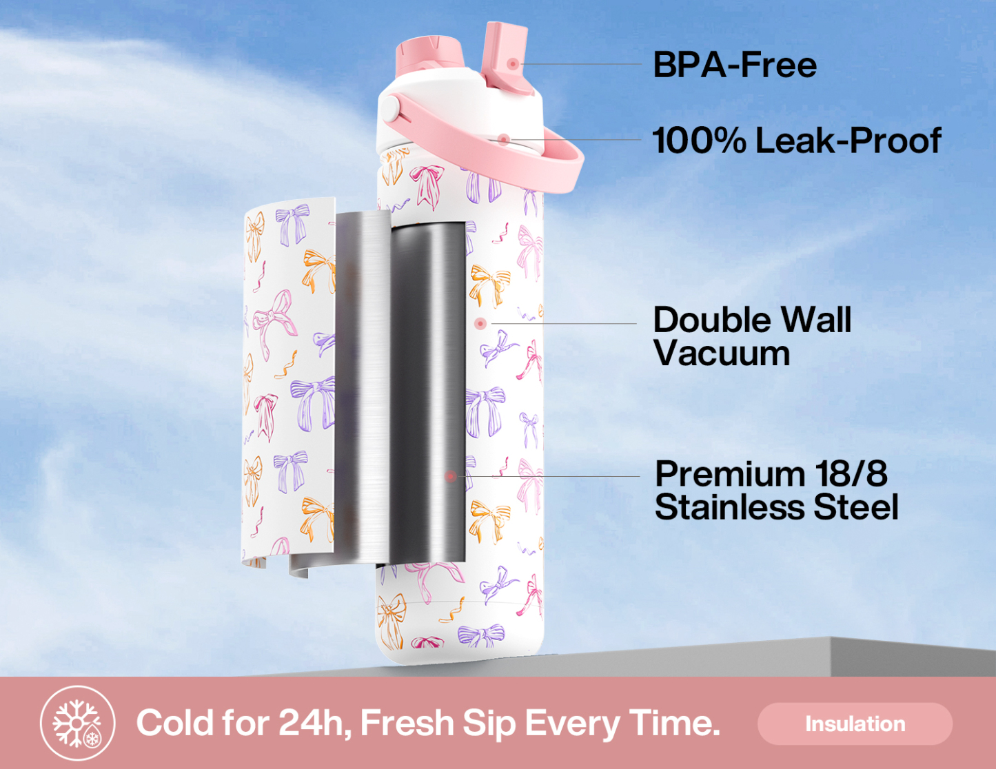 26 oz Insulated Water Bottle with 2-in-1 Straw and Spout Lid Ribbon Whimsy