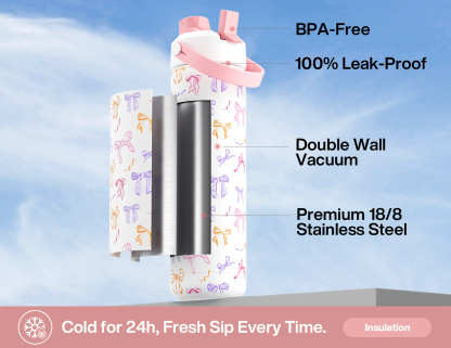 26 oz Insulated Water Bottle with 2-in-1 Straw and Spout Lid Ribbon Whimsy
