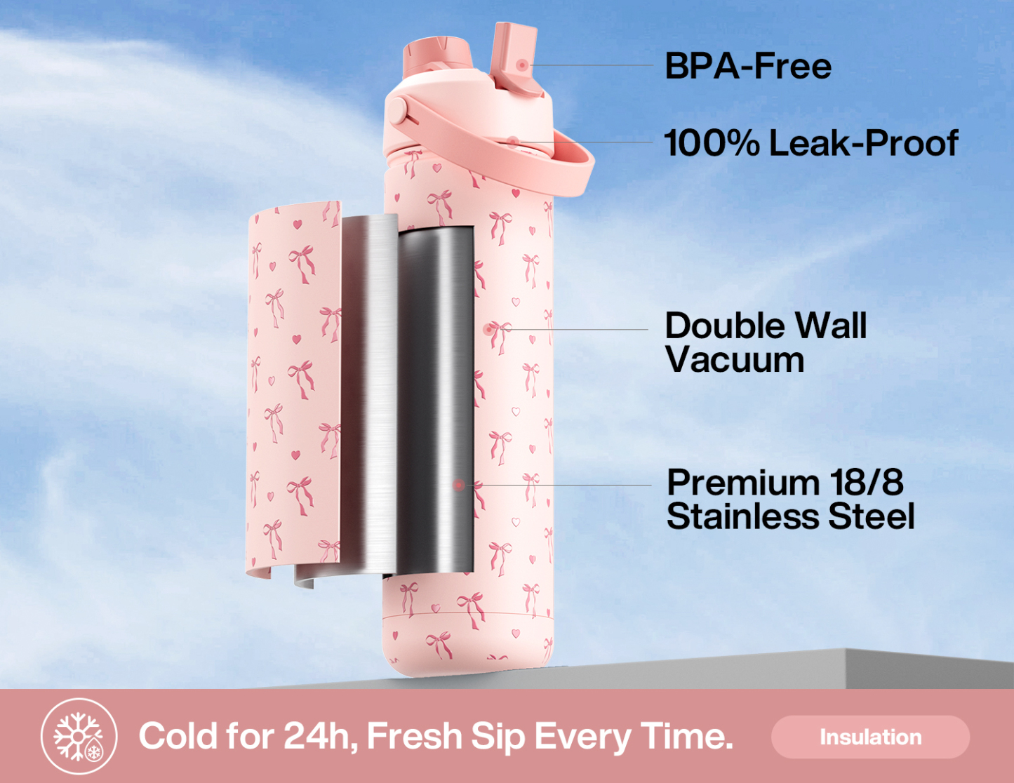 26 oz Insulated Water Bottle with 2-in-1 Straw and Spout Lid Sweetheart Bow
