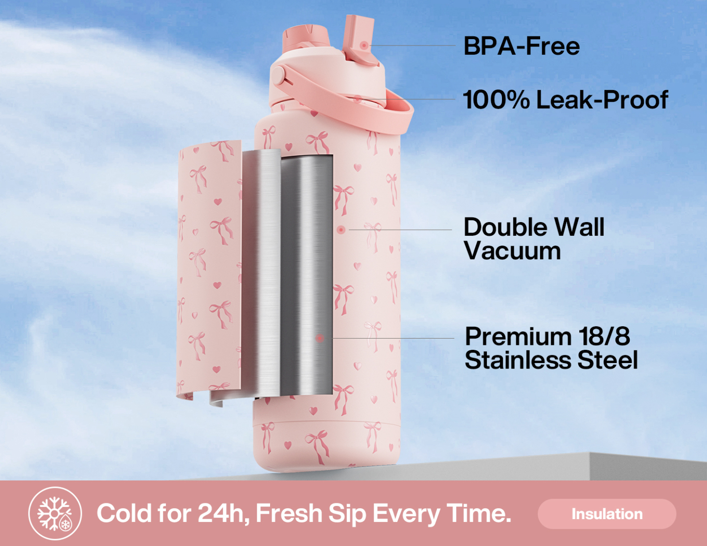 40 oz Insulated Water Bottle with 2-in-1 Straw and Spout Lid Sweetheart Bow
