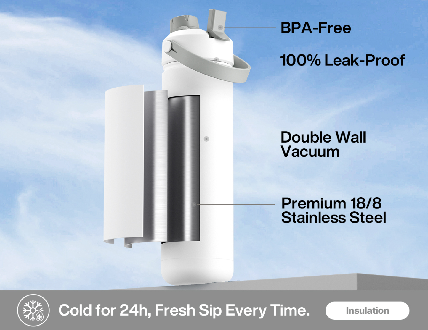 26 oz Insulated Water Bottle with 2-in-1 Straw and Spout Lid