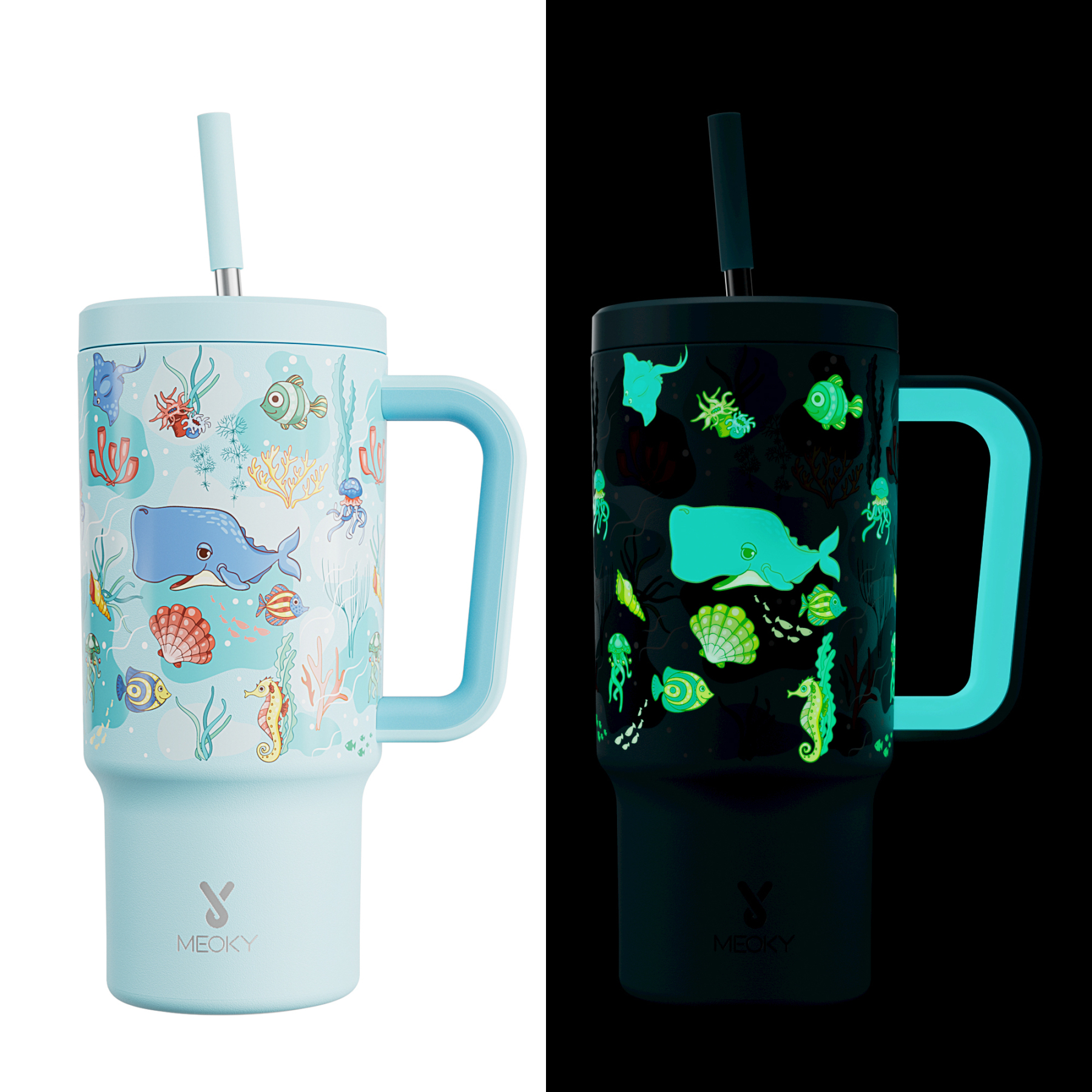 24oz Tumbler With Straw Luminous Series-Blue Sea Animals