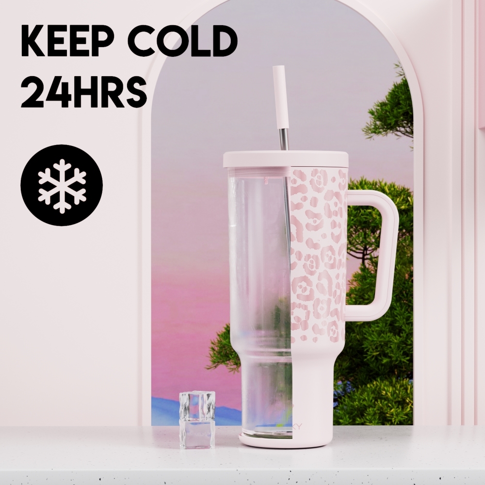 40oz Tumbler With Straw Animal Print Collection-Pink Leopard