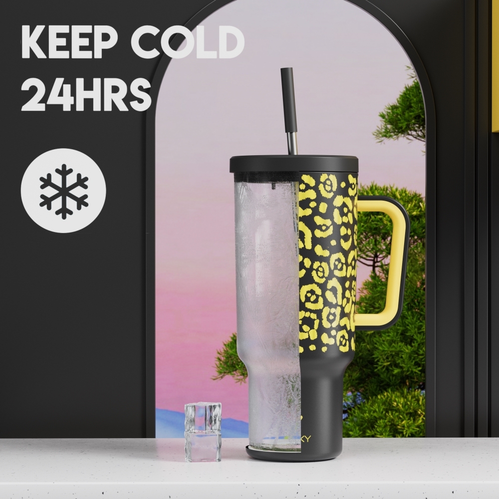 40oz Tumbler With Straw Animal Print Collection-Gold Leopard
