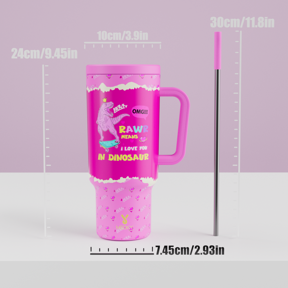 40oz Tumbler With Straw Customized - Custom Valentine's Day - "Rawr Means I Love You in Dinosaur"