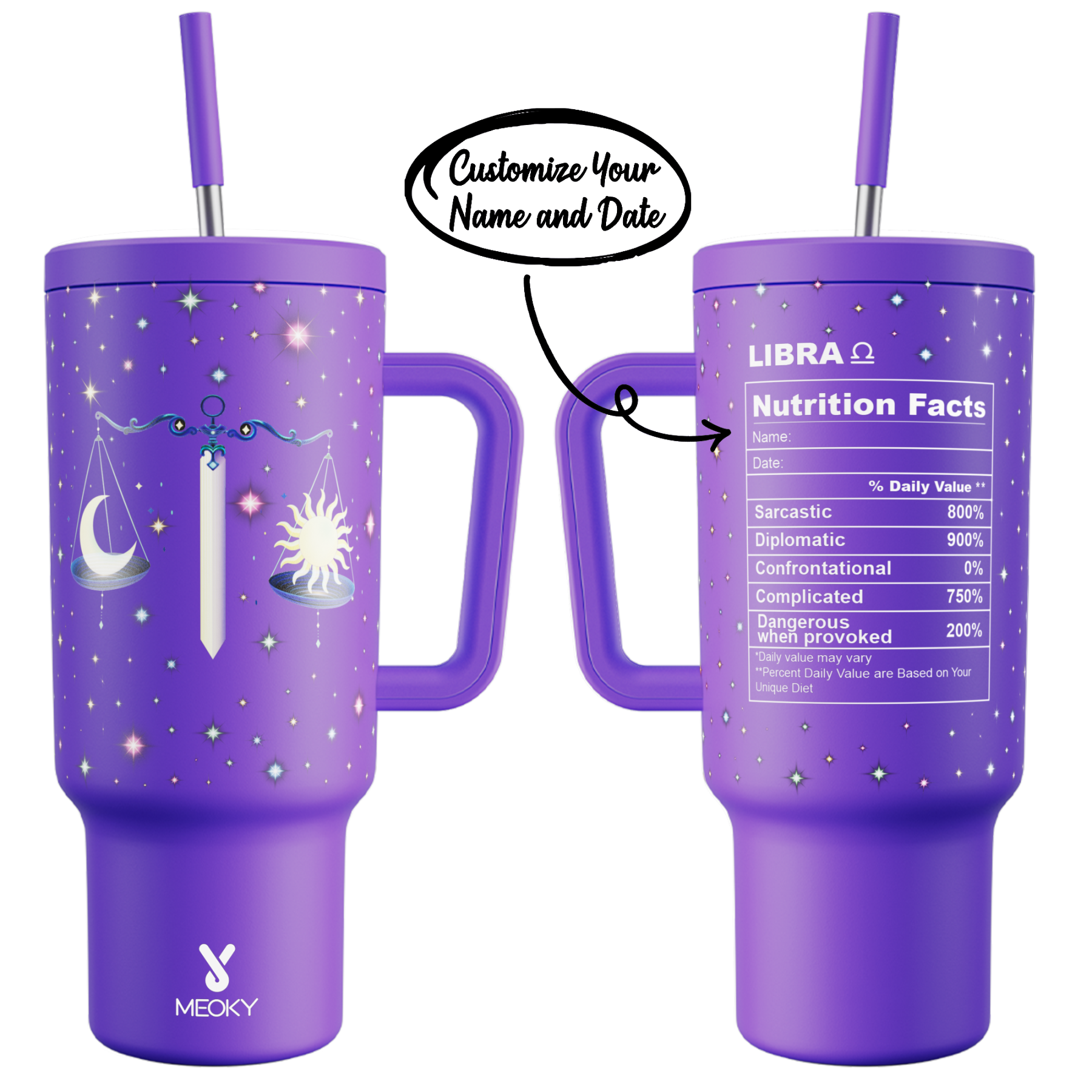 40oz Tumbler With Straw Customized - Zodiac Signs - Custom ID Card - Birthday gifts for yourself, friends, family and lover