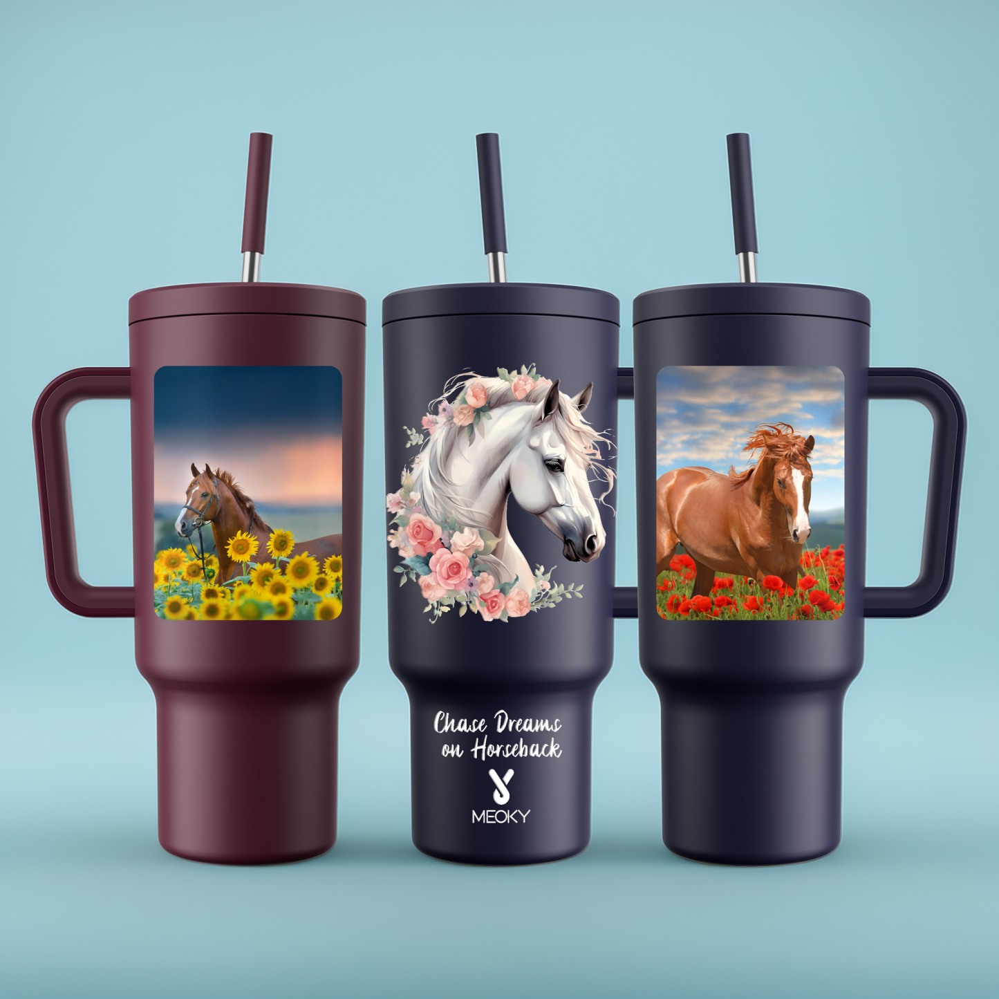 Horse and Flower- Customized 40oz Tumbler With Straw
