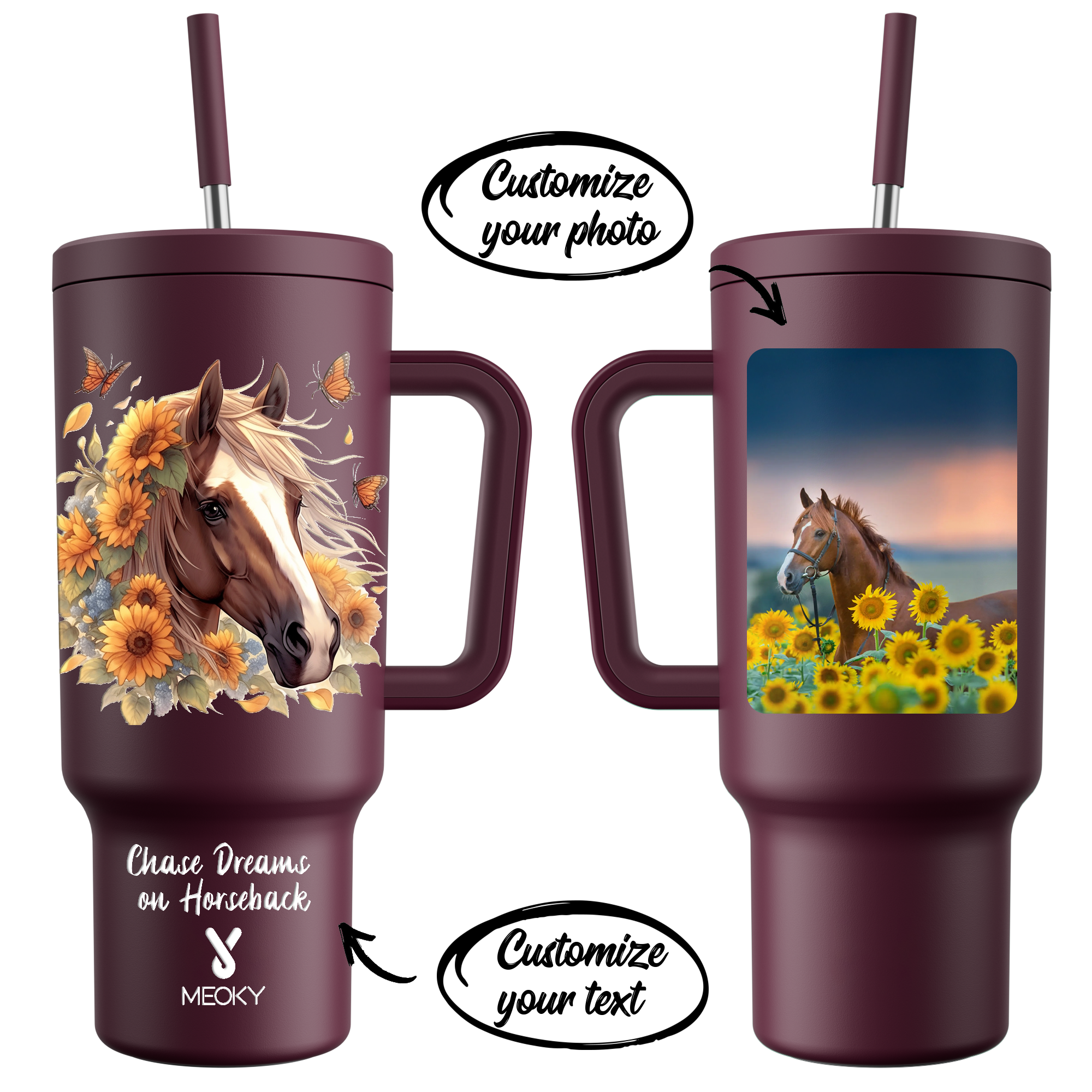 Horse and Flower- Customized 40oz Tumbler With Straw