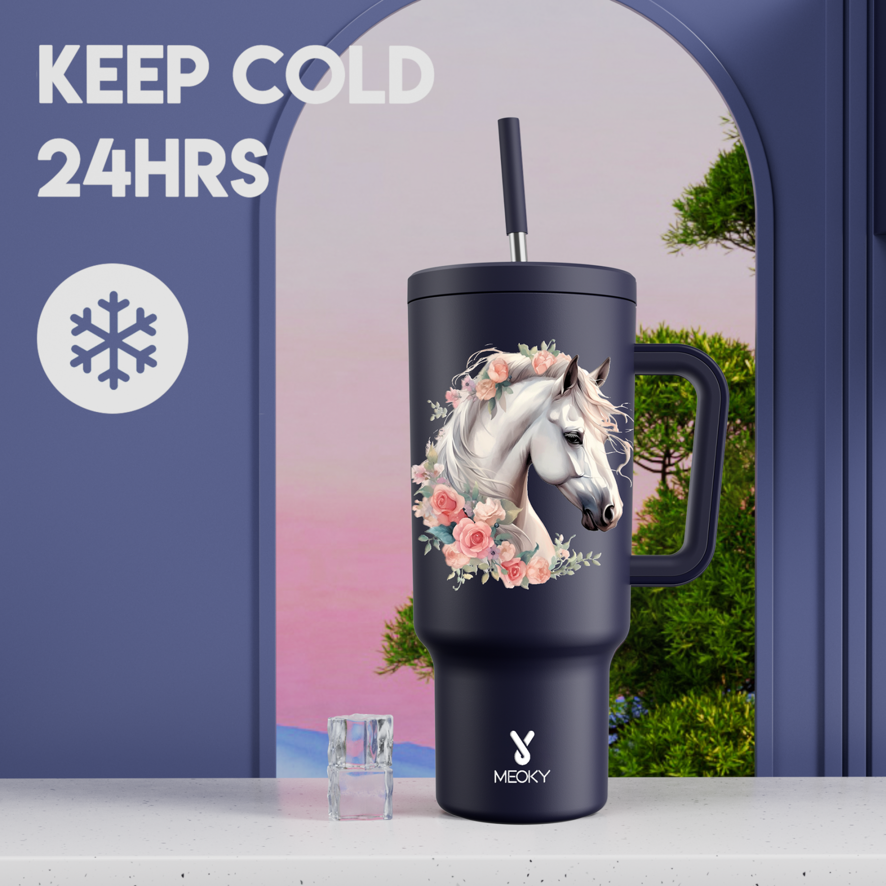 Horse and Flower- Customized 40oz Tumbler With Straw