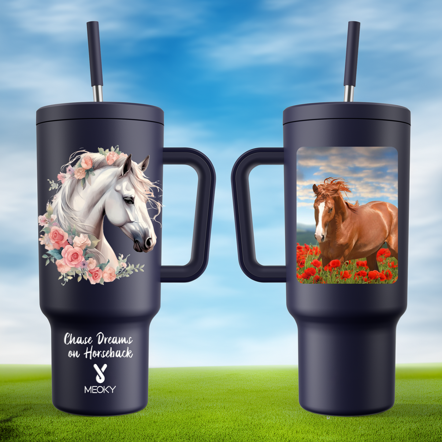 Horse and Flower- Customized 40oz Tumbler With Straw