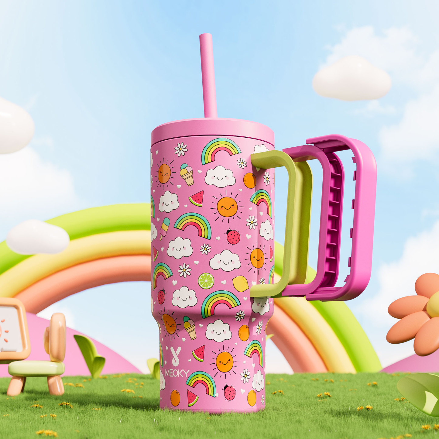24oz tumbler straw fantasy pink white clouds