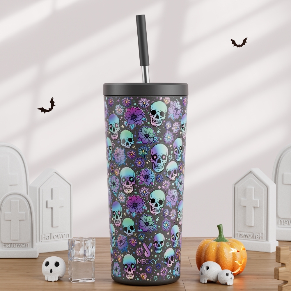 24oz cold cup 2 in 1 lid halloween black skull straw