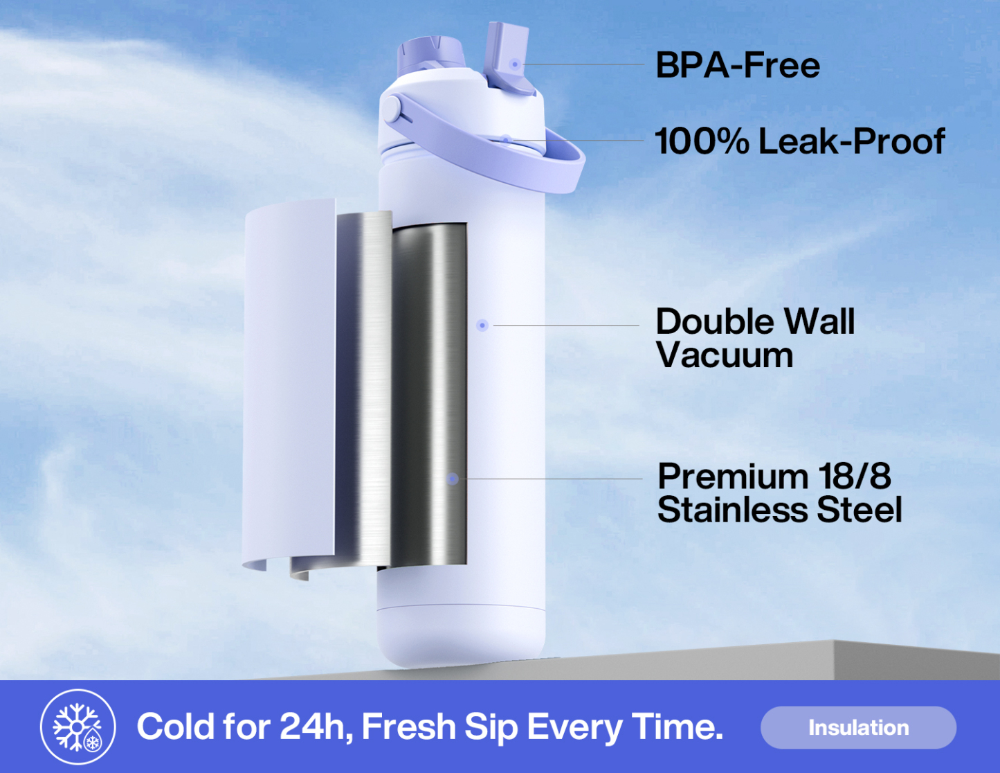 26 oz Insulated Water Bottle with 2-in-1 Straw and Spout Lid - Pure Collection